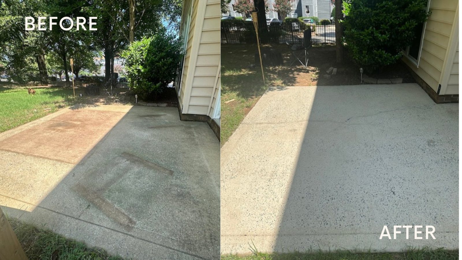 Before and after driveway cleaning removing red clay stains in Lincolnton NC