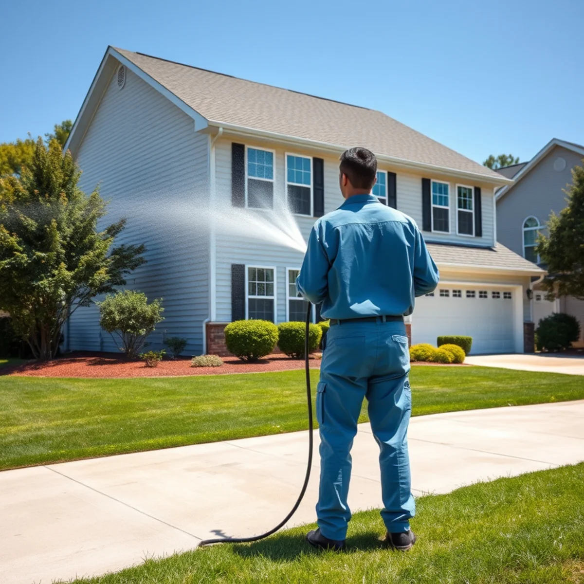 Hydro Jet PW technician soft washing a home exterior in Lincolnton, NC
